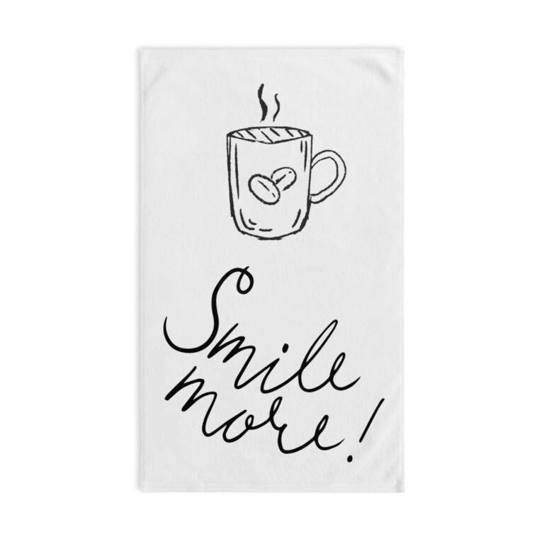 Smile More! Coffee Mug Illustration Hand Towel — Kitchen & Tea Towel for Morning Routine, Positive Gift