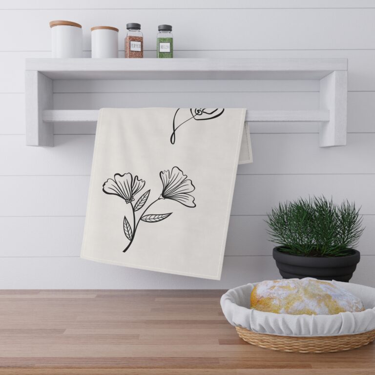 Floral Line Art Tea Towel – Minimal Black Botanical Kitchen Towel