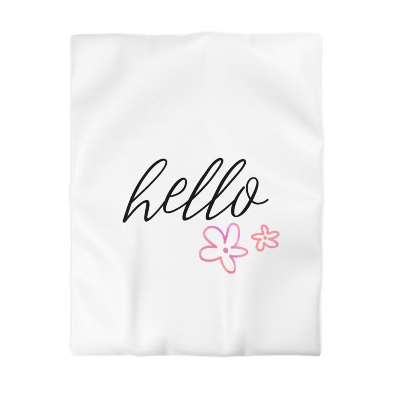 Hello Floral Duvet Cover — Minimal Script & Pink Flowers Microfiber Bedding