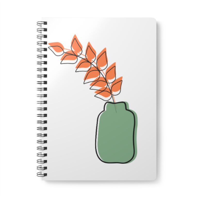 A5 Wirobound Notebook — Minimalist Green Vase & Orange Leaves Journal