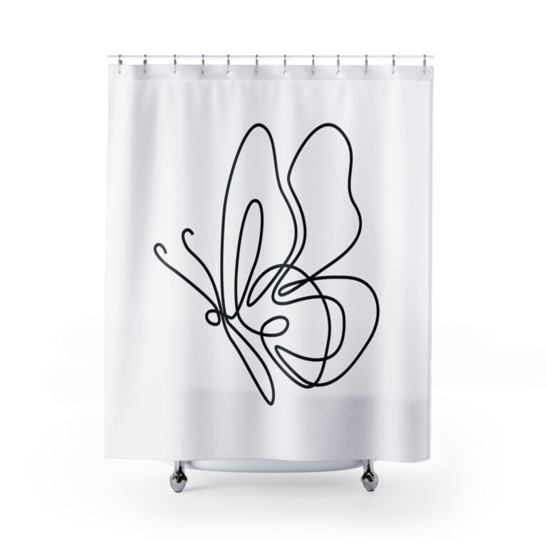 Minimalist Butterfly Shower Curtain — Black Line Art Bathroom Decor