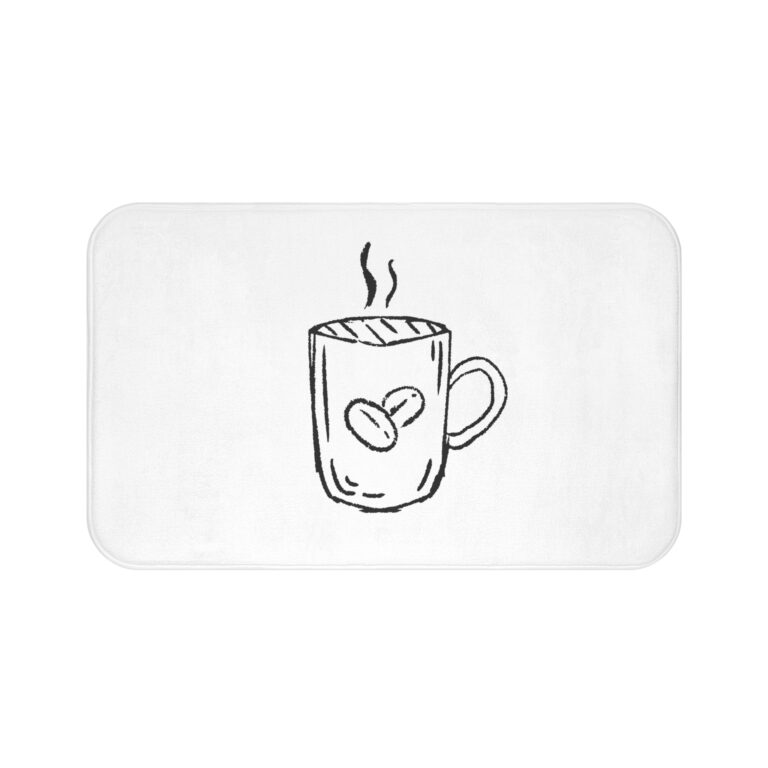 Coffee Mug Sketch Bath Mat — Minimalist White Bathroom Rug for Coffee Lovers