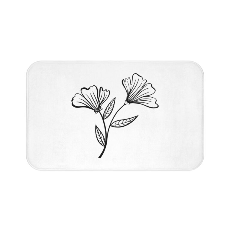 Minimal Black Line Floral Bath Mat — Simple Botanical Bathroom Rug