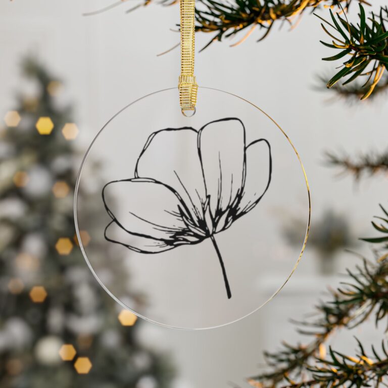 Minimalist Black Line Floral Acrylic Ornament — Elegant Poppy Holiday Decoration