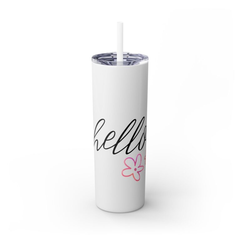 Skinny 20oz Tumbler with Straw — "Hello" Script & Pink Flower