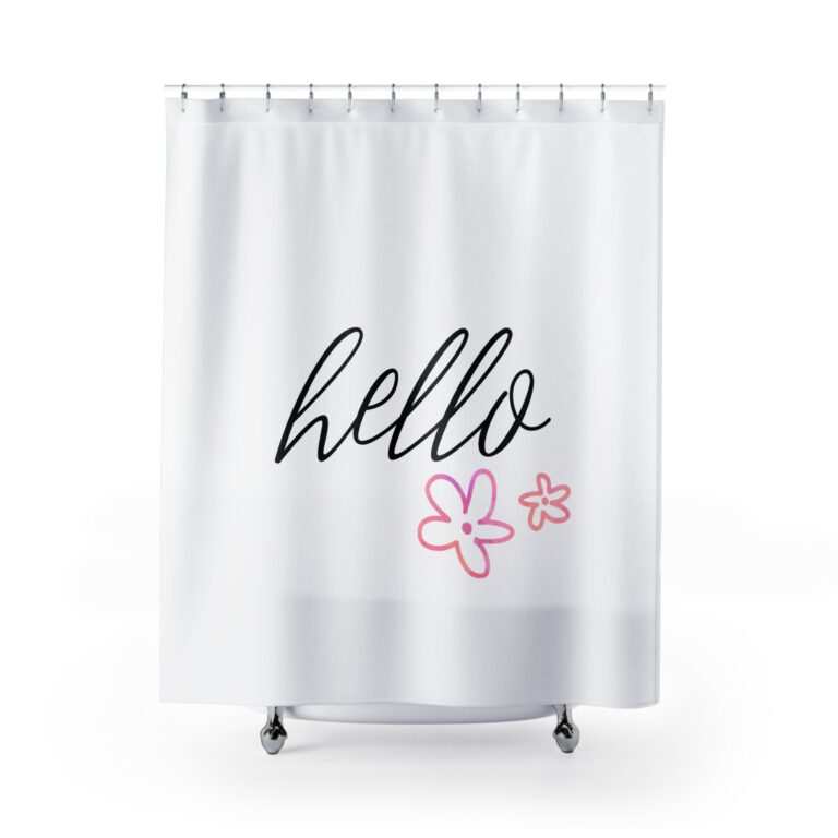 Hello Floral Shower Curtain — Minimal Script & Pink Flowers Bathroom Decor