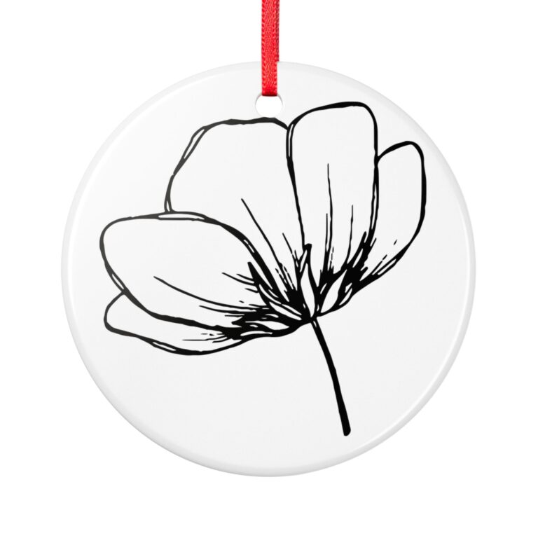 Floral Line Art Ceramic Ornament — Minimal Black Poppy Holiday Decoration