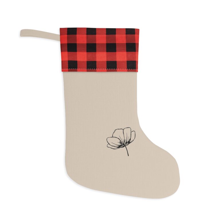 Buffalo Plaid Cuff Floral Christmas Stocking — Neutral Canvas Holiday Decor
