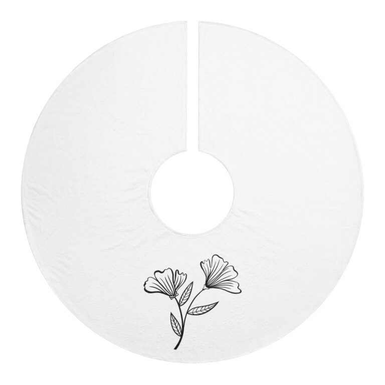 Minimal Floral Christmas Tree Skirt — Elegant White Holiday Tree Skirt with Black Flower Design