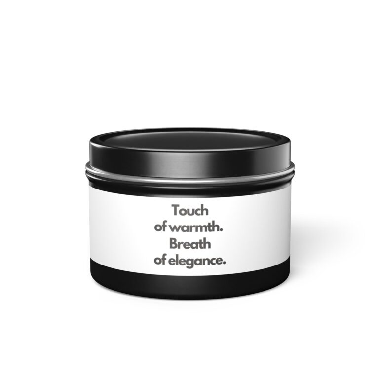 Tin Candle — Minimalist Scented Tin Candle with ‘Touch of Warmth. Breath of Elegance.’ Label