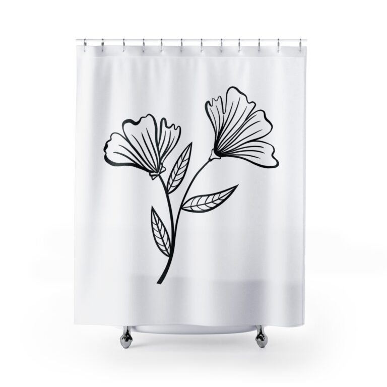 Botanical Line Art Shower Curtain — Minimal Black Floral Bathroom Decor