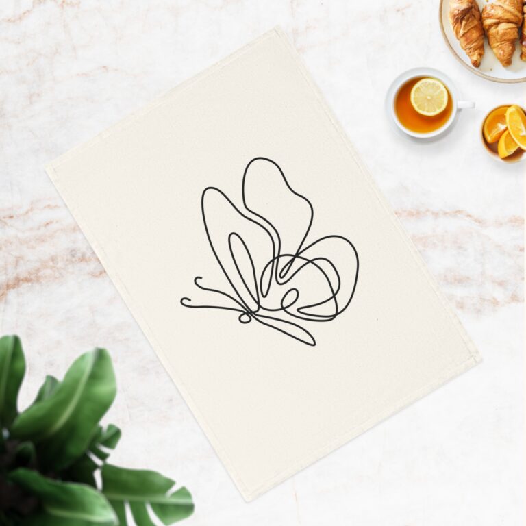 Butterfly Line Art Cotton Tea Towel — Minimalist Botanical Kitchen Linen