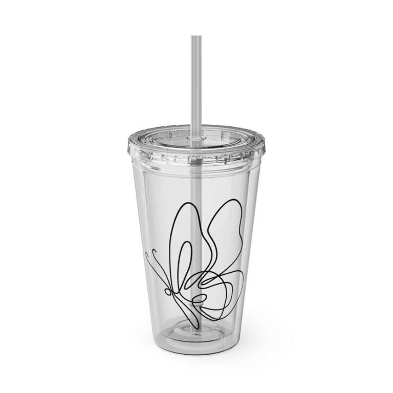 16oz Sunsplash Tumbler with Straw — Clear Floral Line Art Cold Cup