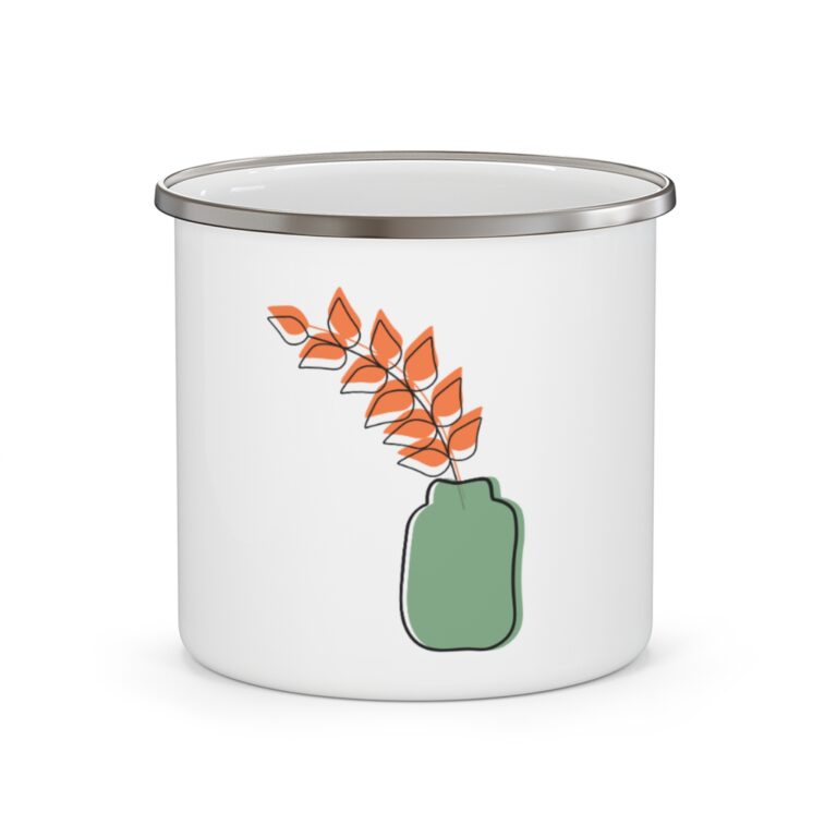 Enamel Camping Mug — Minimal Fall Vase Design, Autumn Leaves Camp Cup