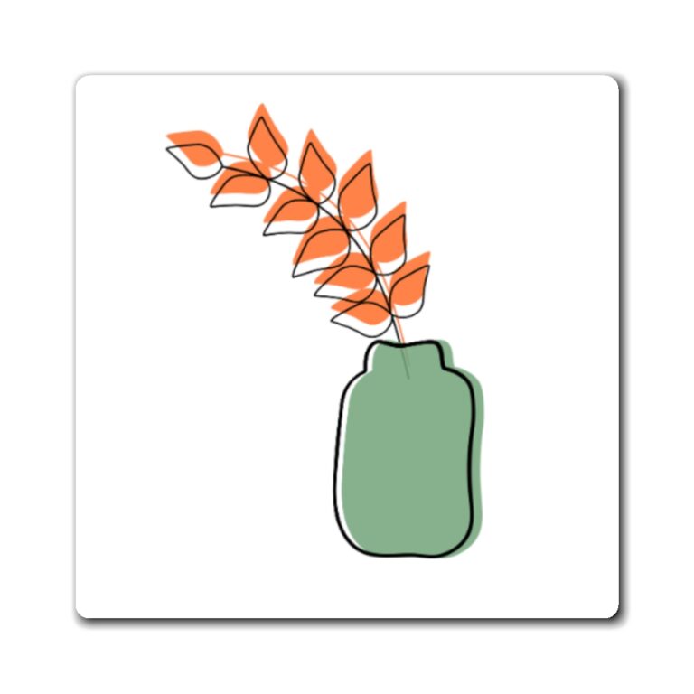 Minimalist Green Vase & Orange Leaves Magnet — Modern Floral Refrigerator Art