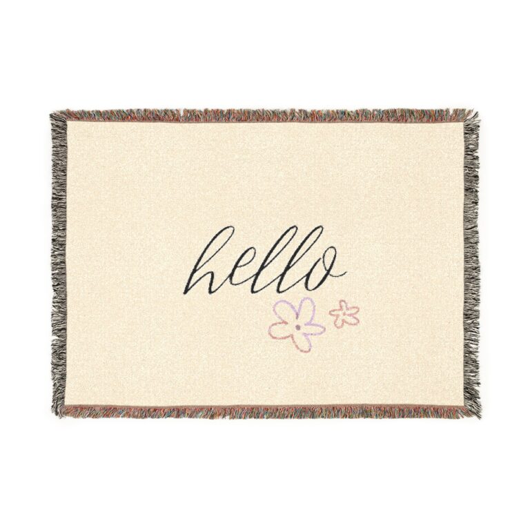 Hello Floral Woven Blanket – Cozy Decorative Throw with Script 'hello' & Flower Accents