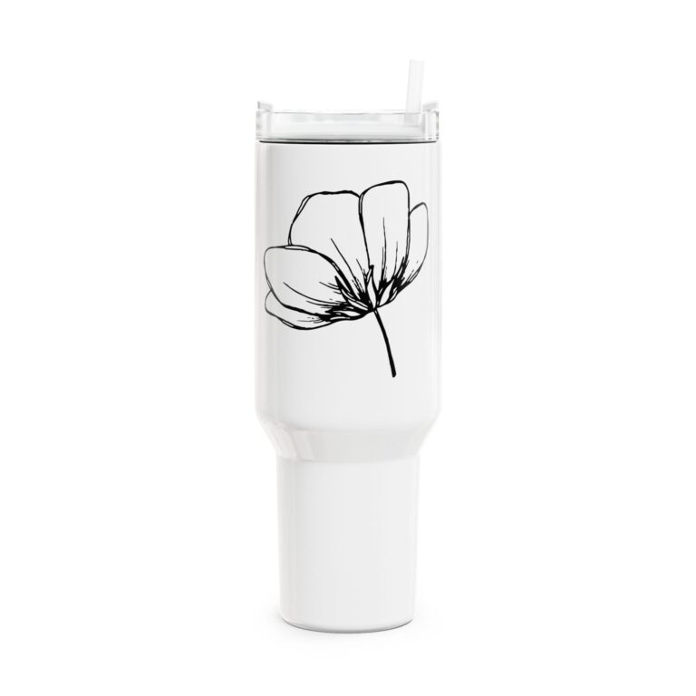 40oz Floral Tumbler with Minimal Black Line Flower – Large Insulated Travel Cup with Handle