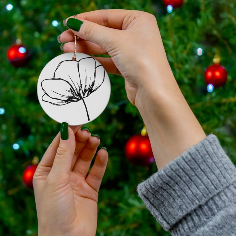 Minimal Black Line Floral Ceramic Ornament — Round Holiday Decoration