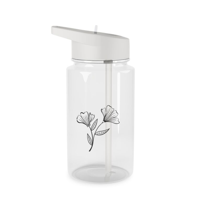 Floral Outline Tritan Water Bottle — Clear Straw Bottle with Minimal Botanical Design