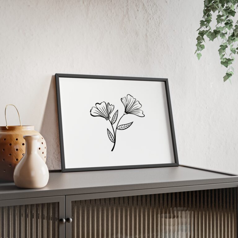 Botanical Line Art Poster with Wooden Frame — Minimal Floral Wall Art