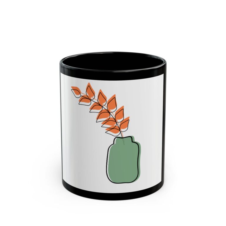 Minimalist Vase & Leaves Black Coffee Mug — Modern Botanical Ceramic Cup (11oz/15oz)