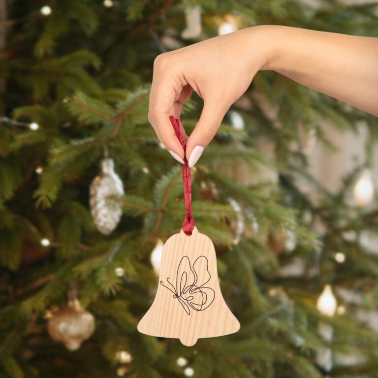 Bell Wooden Ornament with Minimal Butterfly Engraving — "Live softly. Love deeply." Holiday Keepsake