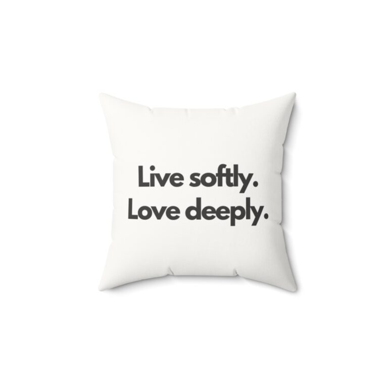 Square Pillow — Minimal ‘Live softly. Love deeply.’ & Line Art Cherries Decorative Throw Pillow