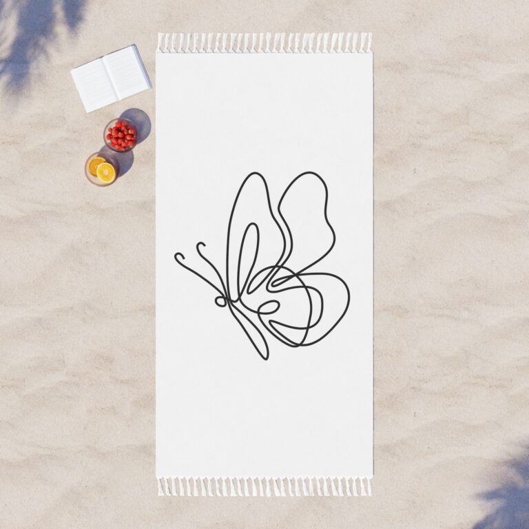Boho Butterfly Beach Towel – Minimal Line Art Fringe Beach Cloth