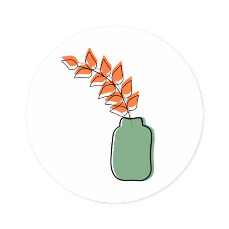 Minimal Botanical Vase Round Sticker — Green Vase with Orange Leaves (Indoor/Outdoor)
