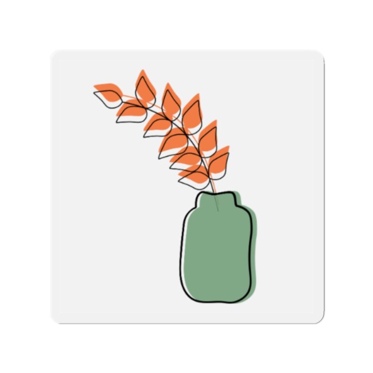 Botanical Vase Magnet — Minimalist Green Vase with Orange Leaves Die-Cut Magnet