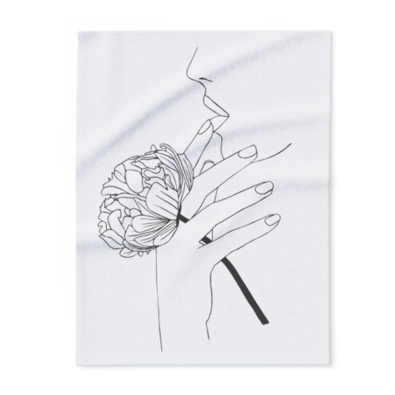 Minimalist Line Art Floral Fleece Blanket — Elegant Hand & Peony Design