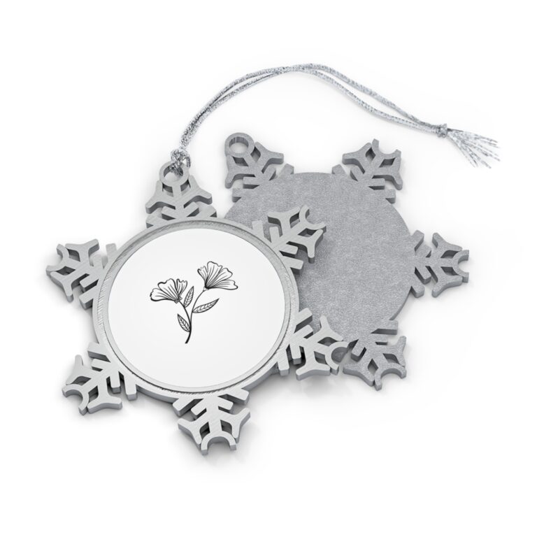 Pewter Snowflake Ornament with Floral Center — Silver Holiday Tree Decoration