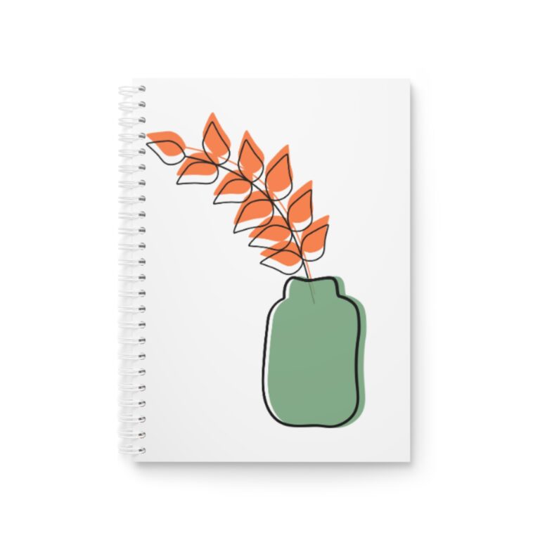 Botanical Vase Spiral Notebook — Minimal Green Vase with Orange Leaves Journal