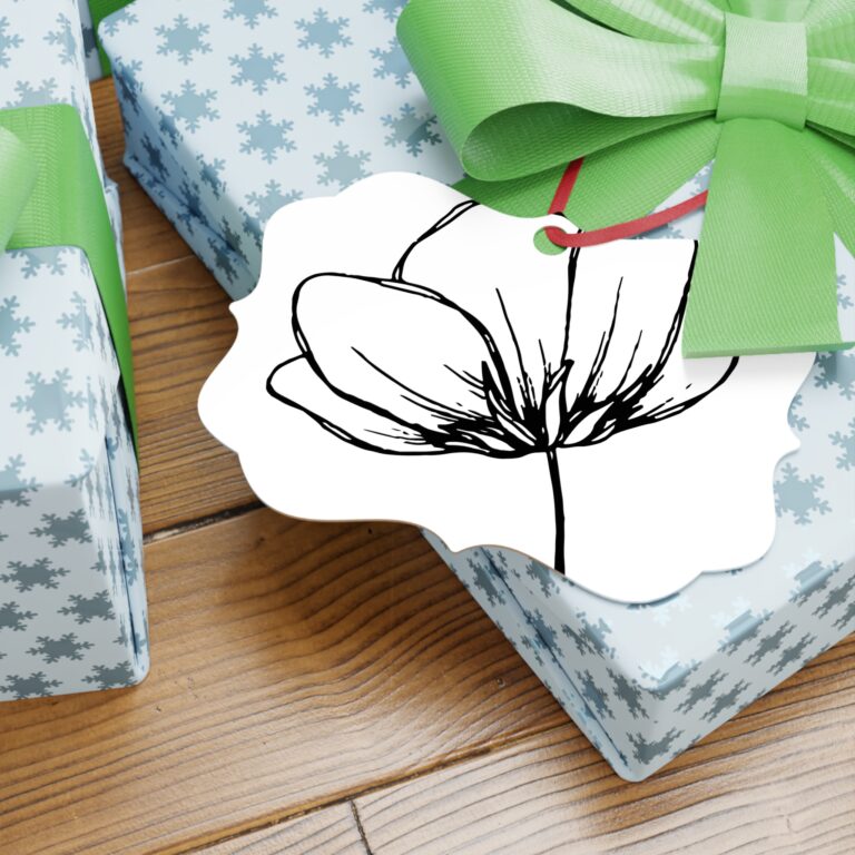 Minimal Black Line Flower Aluminum Ornament — Decorative Floral Holiday Tag