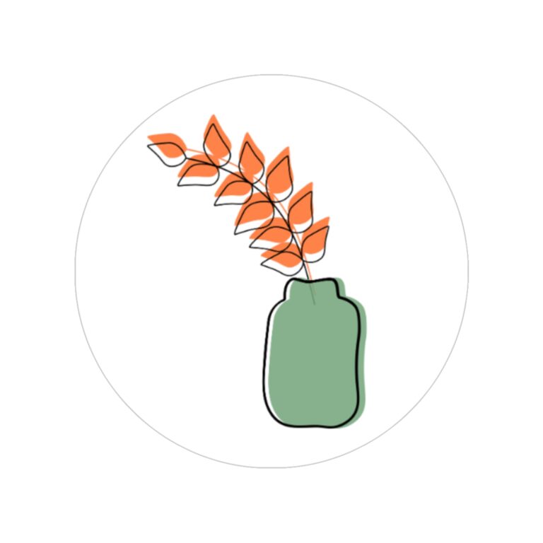 Round Transparent Sticker — Minimal Green Vase with Orange Leaves (Outdoor Durable)