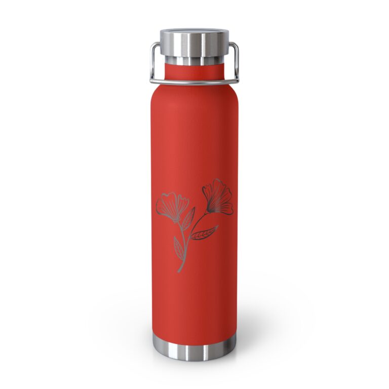22oz Copper Vacuum Water Bottle — Red Floral Insulated Thermos