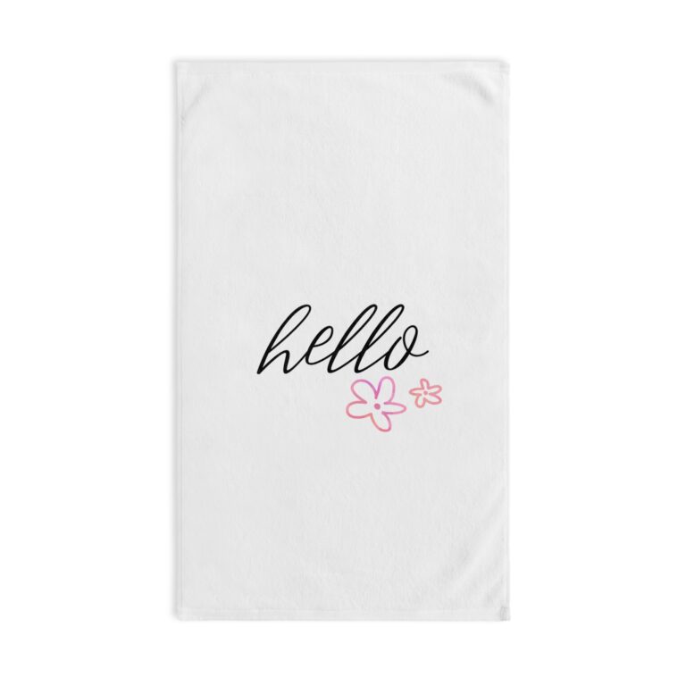 Hand Towel — "hello" Script with Pink Floral Accent | Cute Bathroom & Kitchen Towel