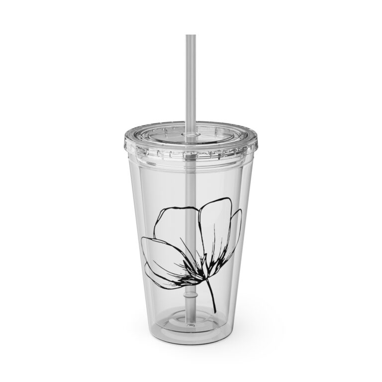 16oz Floral Straw Tumbler — Clear Reusable Cup with Minimal Black Flower Design