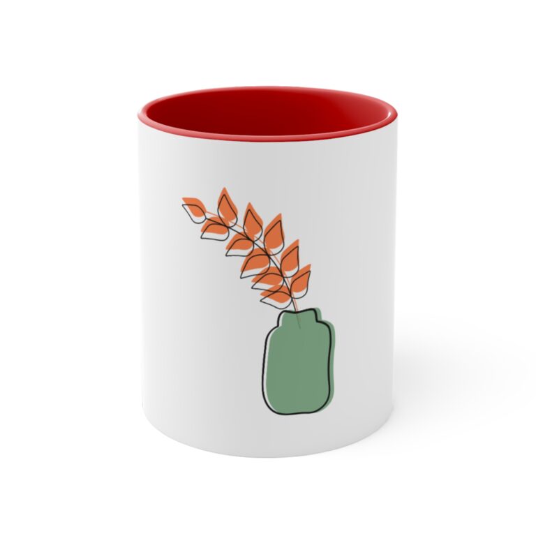 Autumn Vase Accent Mug — Minimal Fall Leaves Ceramic Coffee Cup