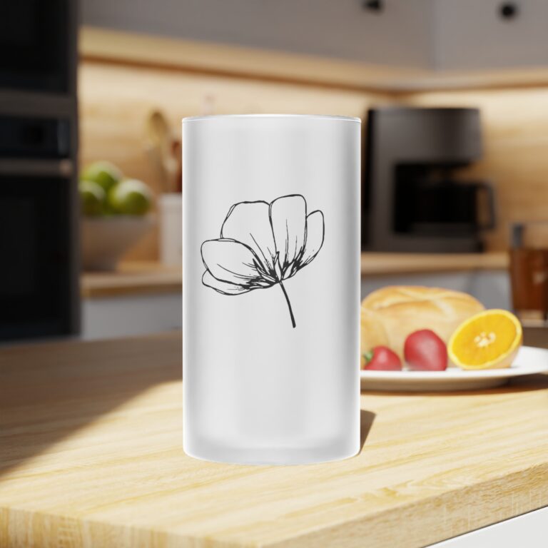 Frosted Glass Beer Mug — Minimal Black Line Flower Pint Glass