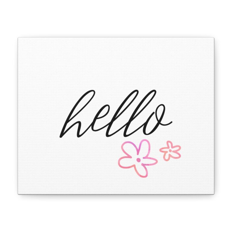 Canvas Wall Art - "hello" Script with Pink Flowers, Minimalist Matte Stretched Canvas