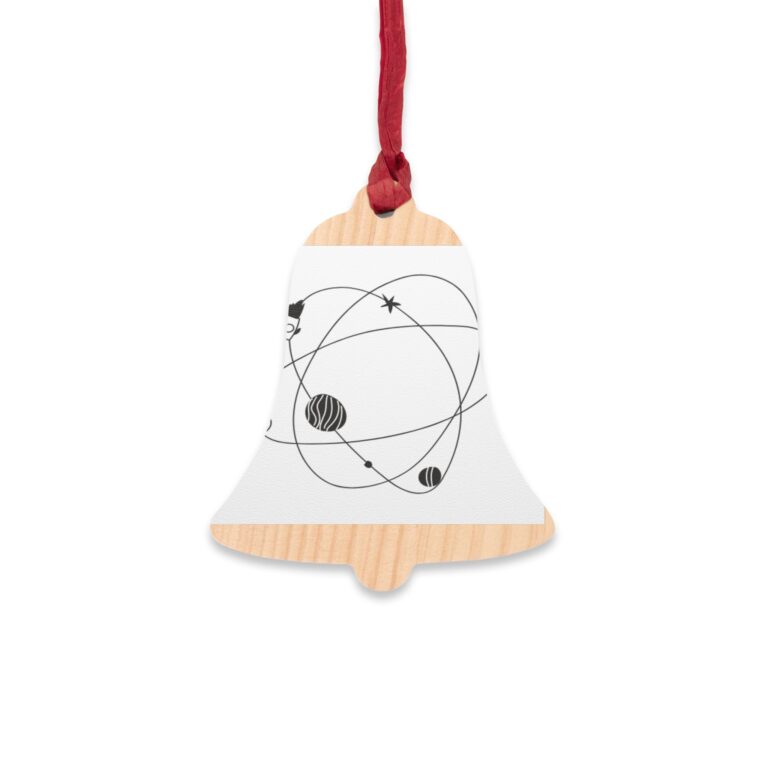Bell Wooden Ornament with Minimal Planetary Orbit Design — Space Holiday Decoration