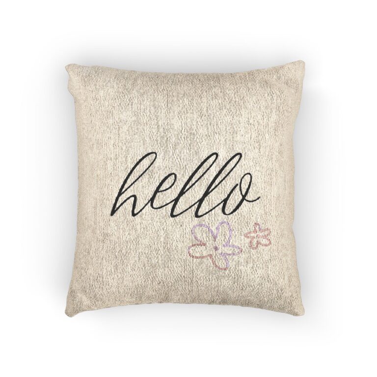 Woven Pillow — 'hello' Script Throw Pillow with Pastel Floral Accent