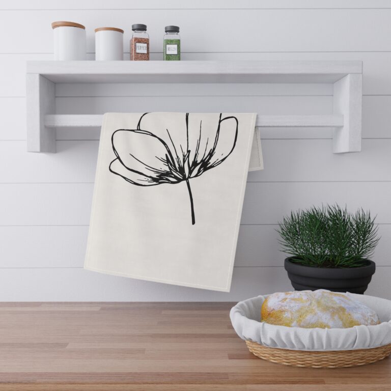 Floral Sketch Tea Towel — Minimalist Black Line Poppy Kitchen Towel