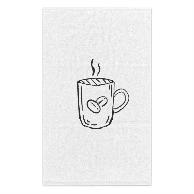 Coffee Mug Rally Towel — 11x18 Kitchen Tea Hand Towel with Sketch Coffee Cup Design