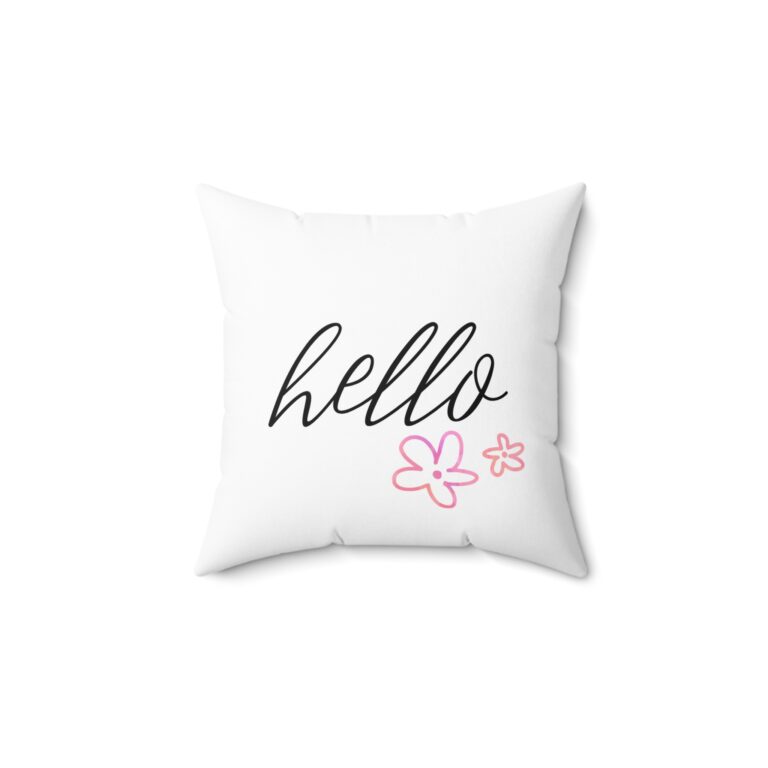 Hello Floral Accent Pillow — Cute Script Throw Pillow with Pink Flowers