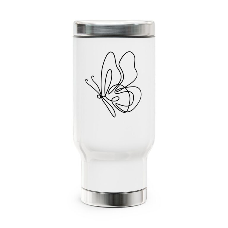 Butterfly Line Art Travel Mug — 14oz Stainless Steel Tumbler with Handle