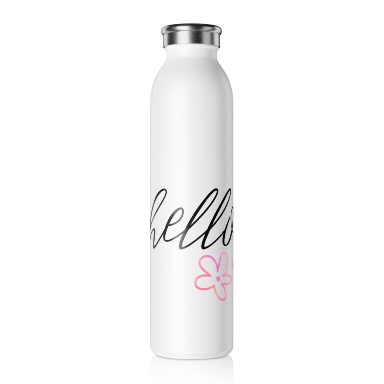 Slim Water Bottle - "hello" Script Design with Pink Flower | Slim Insulated Bottle