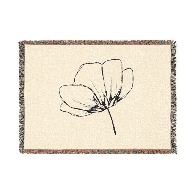 Woven Blanket — Minimal Floral Throw Blanket, Neutral Poppy Design for Living Room & Bedroom