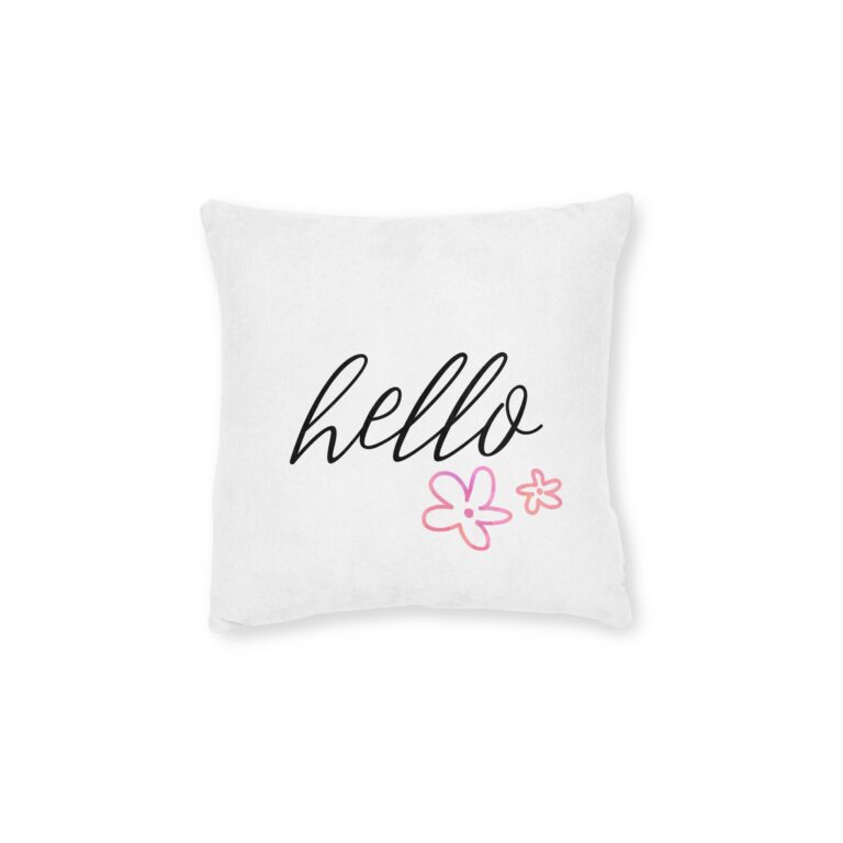 Hello Floral Square Pillow — Cute Script Accent Pillow for Living Room or Bedroom